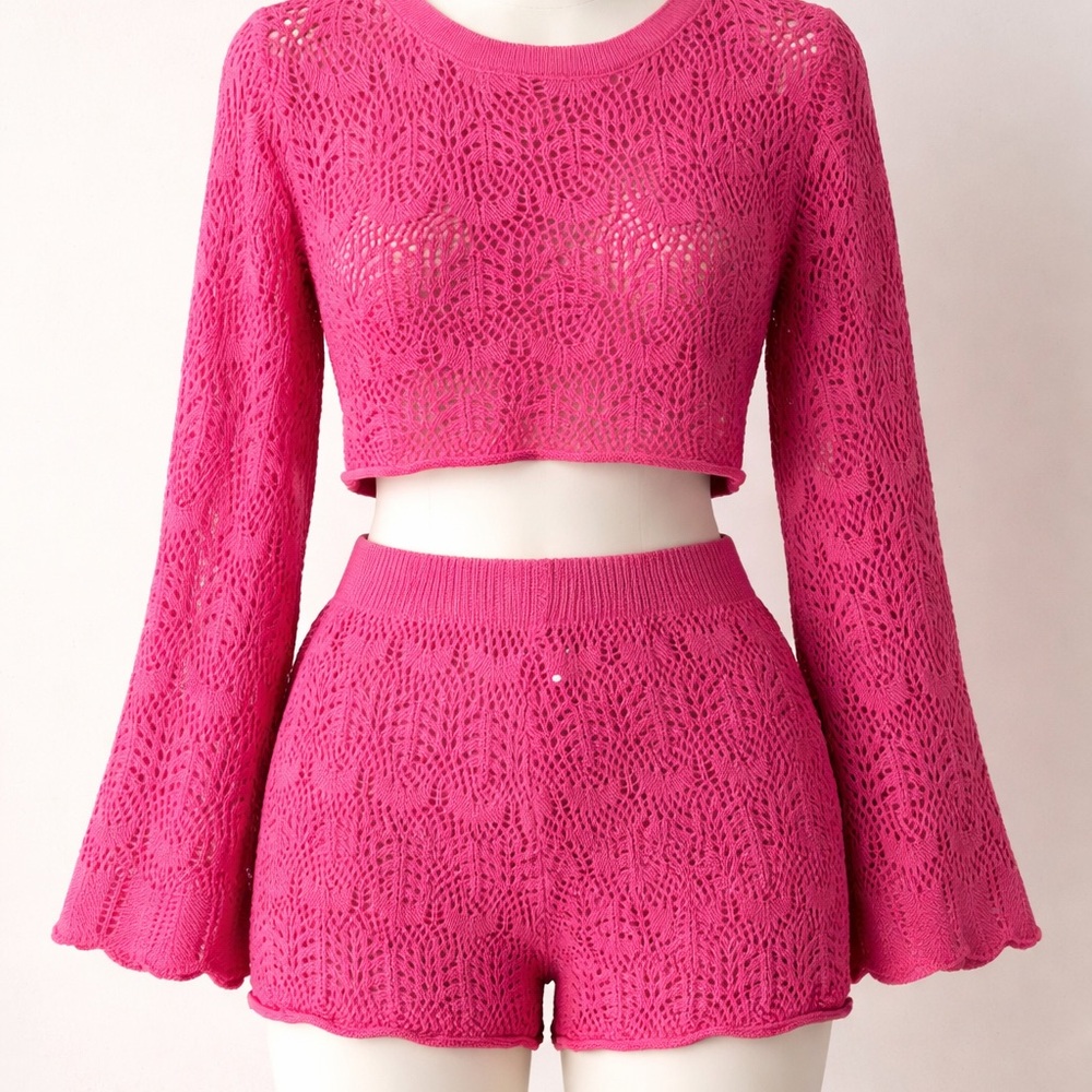Pink Knit Swim Coverup Crop Top and Shorts Set Sz M
